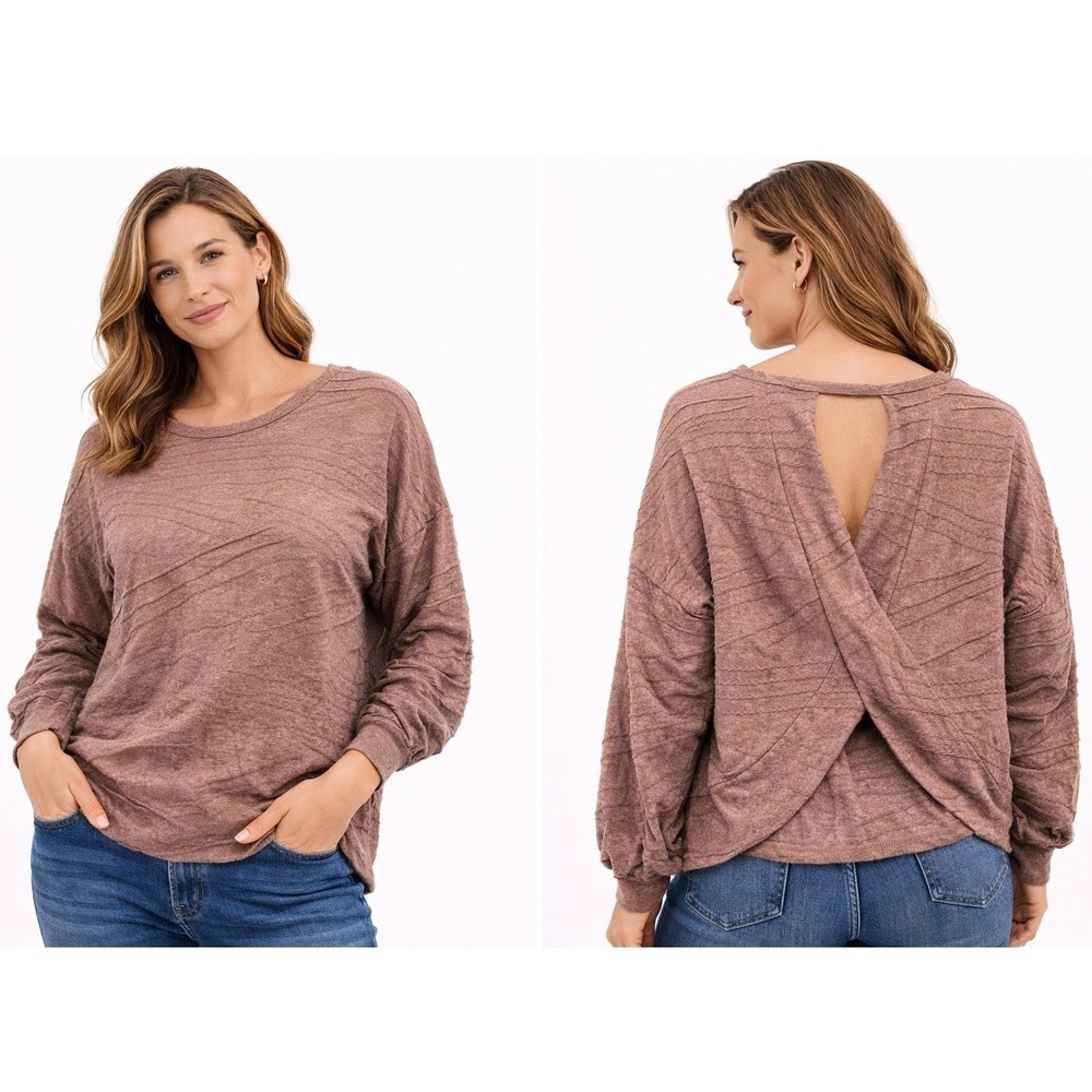 Gilli Textured Open‎ Back Pullover Top Womens Medium Taupe Crossover Knit Shirt